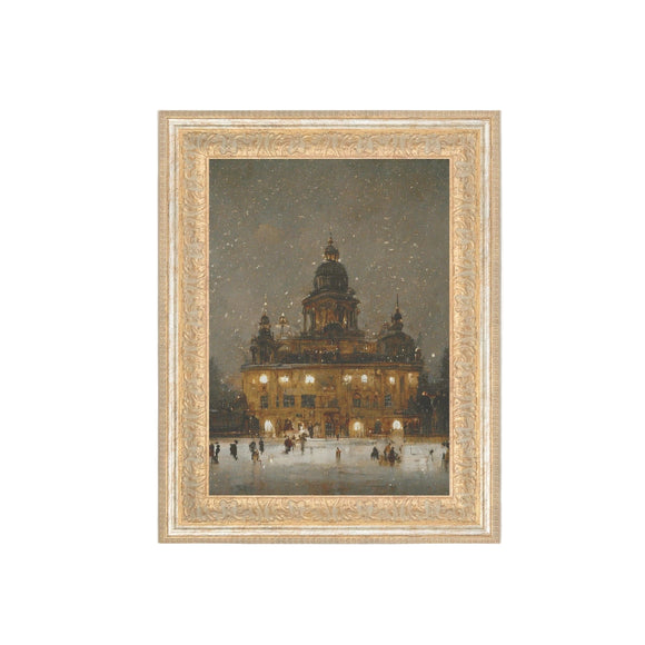 A stunning picture of a snowy night in front of a lit golden building as people are skating in the front. It is a lovely piece of art to add to your gallery wall, or as a little accent on your table or shelf. This artwork is printed on high-quality canvas and elegantly presented in a handcrafted ornate frame.

Made in the USA: Proudly crafted with quality and care. 

Care Instructions: Keep canvas dry to maintain its quality. If smudged or dirty, gently wipe with a dry, soft cloth.