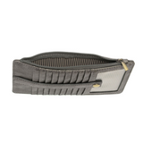 This slim and sleek wallet has nine credit card pockets, each with a snap tab for security and brass-plated hardware. It also features an ID window, a zippered change pocket, and a zippered billfold pocket in metallic dark chrome vegan leather.


DIMENSIONS: 3.75 IN. H X 7.25 IN. W X .25 IN. D&nbsp;


100% Vegan leather (polyurethane)