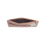 This slim and sleek wallet has nine credit card pockets, each with a snap tab for security and brass-plated hardware. It also has an ID window, zippered change pocket, and zippered billfold pocket in piggy pink skies vegan leather.


DIMENSIONS: 3.75 IN. H X 7.25 IN. W X .25 IN. D&nbsp;


100% Vegan leather (polyurethane)