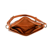The sleek golden tan Erin Hobo will compliment your look for the office or your next night out. Fashioned in glossy croc embossed vegan leather, this sophisticated bag closes with a brass zipper to keep your belongings secure and is accented with burnished brass rings that open to allow you to change the shoulder straps. Two shoulder straps are included with this stylish Hobo, a short strap to carry close to the body or a long strap to carry as a shoulder bag or as a crossbody. Both straps are adjustable an