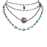 This unique piece of jewelry can be worn 5 different ways! The magnetic closure allows you to adjust this piece to your liking. You can wear it as one long necklace with the bottom piece being 3 layers of beautiful beading. Take the top piece and wear it as a bracelet or a choker necklace. You can wear each piece separately or together to make a 4 layer necklace. Stones may vary in size and texture

18.5" long