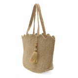 This all-natural jute tote is finished with a pretty scallop edge to add a touch of sweetness to this roomy tote. Perfect to carry your summer essentials to the beach, the farmers market or wherever your next adventure leads.

Dimensions: 11.5 in. H x 19 in. W x 6.5 in. D
Open topShoulder straps: 11 in. drop
Brass plated hardware
100% Natural Jute
Unlined