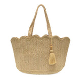 This all-natural jute tote is finished with a pretty scallop edge to add a touch of sweetness to this roomy tote. Perfect to carry your summer essentials to the beach, the farmers market or wherever your next adventure leads.

Dimensions: 11.5 in. H x 19 in. W x 6.5 in. D
Open topShoulder straps: 11 in. drop
Brass plated hardware
100% Natural Jute
Unlined