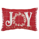 Celebrate the season with this rectangular cotton pillow features a festive red fabric base with the phrase "Joy To The World" across the front. The "O" is creatively designed as an embroidered wreath in light creme thread, accented with delicate pearl beads that add a subtle touch of shimmer. The letters "J" and "Y" are crafted from a white and tan stripe applique fabric, offering a cozy, homespun feel that complements rustic and primitive holiday themes. Fringed edges provide a classic, finished look that