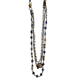 We are loving this beautiful three-strand necklace in blues, creams and turquoise with adjustable lobster claw closure! Each strand is a beaded chain link. The middle strand has a rectangle stone pendant and crystal.&nbsp;

Length: 18.75"&nbsp;