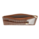 This slim and sleek wallet has nine credit card pockets, each with a snap tab for security and brass-plated hardware. It also has an ID window, zippered change pocket, and zippered billfold pocket in distressed saddle brown vegan leather.


DIMENSIONS: 3.75 IN. H X 7.25 IN. W X .25 IN. D&nbsp;