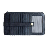 This slim and sleek wallet has nine credit card pockets, each with a snap tab for security and brass-plated hardware. It also features an ID window, a zippered change pocket, and a zippered billfold pocket in classic teal vegan leather.


DIMENSIONS: 3.75 IN. H X 7.25 IN. W X .25 IN. D&nbsp;


100% Vegan leather (polyurethane)