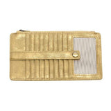This slim and sleek wallet has nine credit card pockets, each with a snap tab for security and brass-plated hardware. It also has an ID window, zippered change pocket, and zippered billfold pocket in a metallic gold vegan leather.


DIMENSIONS: 3.75 IN. H X 7.25 IN. W X .25 IN. D&nbsp;


100% Vegan leather (polyurethane)