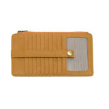 This slim and sleek wallet has nine credit card pockets, each with a snap tab for security and brass-plated hardware. It also has an ID window, zippered change pocket, and zippered billfold pocket in a mustard vegan leather.


DIMENSIONS: 3.75 IN. H X 7.25 IN. W X .25 IN. D&nbsp;


100% Vegan leather (polyurethane)