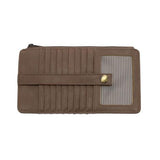 This slim and sleek wallet has nine credit card pockets, each with a snap tab for security and brass-plated hardware. It also features an ID window, a zippered change pocket, and a zippered billfold pocket in taupe vegan leather.


DIMENSIONS: 3.75 IN. H X 7.25 IN. W X .25 IN. D&nbsp;


100% Vegan leather (polyurethane)