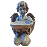 This sweet angle is kneeling and is holding a dish with a bird perched on the right hand side. We love how this angle looks to be carved out of wood and has green "moss" flecks on it's knees, chest, arms and bottom of wings to make it look weathered.&nbsp;

Stonepowder, Resin

Approximately 10.5" H x 7" W x 7" D