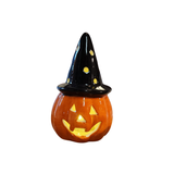 Here's a happy little Jack-O-Lantern with a black witch hat on his head! His face and hat light up, making him all the more cute! There is an on/off switch on the bottom. A battery is included.

Ceramic

Approximately 4.75" H x 3" Dia&nbsp;