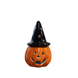 Here's a happy little Jack-O-Lantern with a black witch hat on his head! His face and hat light up, making him all the more cute! There is an on/off switch on the bottom. A battery is included.

Ceramic

Approximately 4.75" H x 3" Dia&nbsp;
