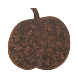 Add warm artisan charm to your autumn displays with this free-standing carved wood pumpkin featuring an intricate botanical vine design and rich stained mango wood finish. The dimensional carved detailing and organic silhouette create a collected heirloom look perfect for farmhouse, cottage, rustic, and vintage-inspired seasonal decor.&nbsp;

14"W x 14"H x 1.5"D&nbsp;

Material: Mango Wood Color: Dark Brown

Care: Wipe Clean