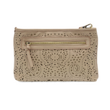 This sleek pouch clutch in soft taupe vegan leather is accented with laser cut details in a feminine, delicate laser cut pattern reminiscent of eyelet lace. Featuring a top zip closure for security and plenty of room to stow your essentials, this versatile style can be carried as a slouchy clutch, a wristlet with the included removable wristlet strap or as a shoulder bag with the adjustable and removable crossbody strap.


Dimensions: 7 in. H x 10.5 in. W x 1.5 in. D
Top zip closure
Removable Wristlet strap