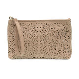 This sleek pouch clutch in soft taupe vegan leather is accented with laser cut details in a feminine, delicate laser cut pattern reminiscent of eyelet lace. Featuring a top zip closure for security and plenty of room to stow your essentials, this versatile style can be carried as a slouchy clutch, a wristlet with the included removable wristlet strap or as a shoulder bag with the adjustable and removable crossbody strap.


Dimensions: 7 in. H x 10.5 in. W x 1.5 in. D
Top zip closure
Removable Wristlet strap