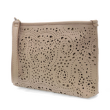 This sleek pouch clutch in soft taupe vegan leather is accented with laser cut details in a feminine, delicate laser cut pattern reminiscent of eyelet lace. Featuring a top zip closure for security and plenty of room to stow your essentials, this versatile style can be carried as a slouchy clutch, a wristlet with the included removable wristlet strap or as a shoulder bag with the adjustable and removable crossbody strap.


Dimensions: 7 in. H x 10.5 in. W x 1.5 in. D
Top zip closure
Removable Wristlet strap