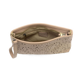 This sleek pouch clutch in soft taupe vegan leather is accented with laser cut details in a feminine, delicate laser cut pattern reminiscent of eyelet lace. Featuring a top zip closure for security and plenty of room to stow your essentials, this versatile style can be carried as a slouchy clutch, a wristlet with the included removable wristlet strap or as a shoulder bag with the adjustable and removable crossbody strap.


Dimensions: 7 in. H x 10.5 in. W x 1.5 in. D
Top zip closure
Removable Wristlet strap