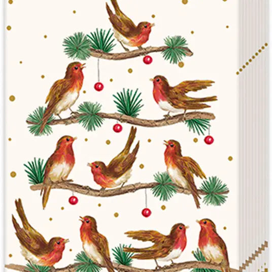 These sweet little pocket tissues have singing birds on branches with greens in a shape of a tree on a snowy background.

4 PLY - 10 paper tissues per package

4