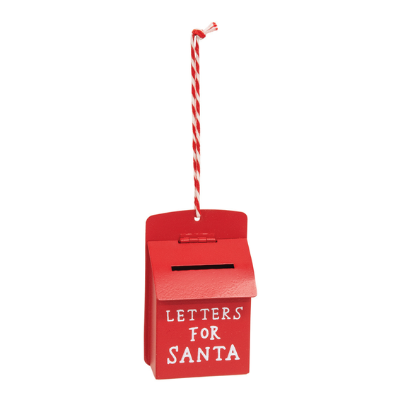 Bring a nostalgic touch to the holiday tree with the Letters For Santa Metal Ornament. This charming ornament is crafted from metal, designed to resemble a classic red mailbox with the whimsical phrase 