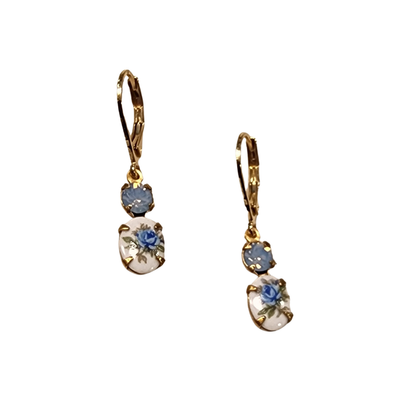These are beautiful tiny blue rose cameo drop earrings! The small vintage oval glass cameo with a blue rose design on white and light blue Swarovski crystal jewel are set in gold brass prong settings.

Details: ~The glass jewel drop measures approximately .6