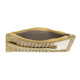 This slim and sleek wallet has nine credit card pockets, each with a snap tab for security and brass-plated hardware. It also has an ID window, zippered change pocket, and zippered billfold pocket in a metallic gold vegan leather.


DIMENSIONS: 3.75 IN. H X 7.25 IN. W X .25 IN. D&nbsp;


100% Vegan leather (polyurethane)