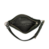 The sleek bottle green Erin Hobo will compliment your look for the office or your next night out. Fashioned in glossy croc embossed vegan leather, this sophisticated bag closes with a brass zipper to keep your belongings secure and is accented with burnished brass rings that open to allow you to change the shoulder straps. Two shoulder straps are included with this stylish Hobo, a short strap to carry close to the body or a long strap to carry as a shoulder bag or as a crossbody. Both straps are adjustable 