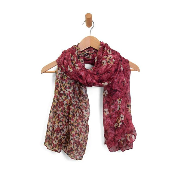 This scarf has a gorgeous rich magenta background with neutral daisies in creams and golds with a pop of brown!

180