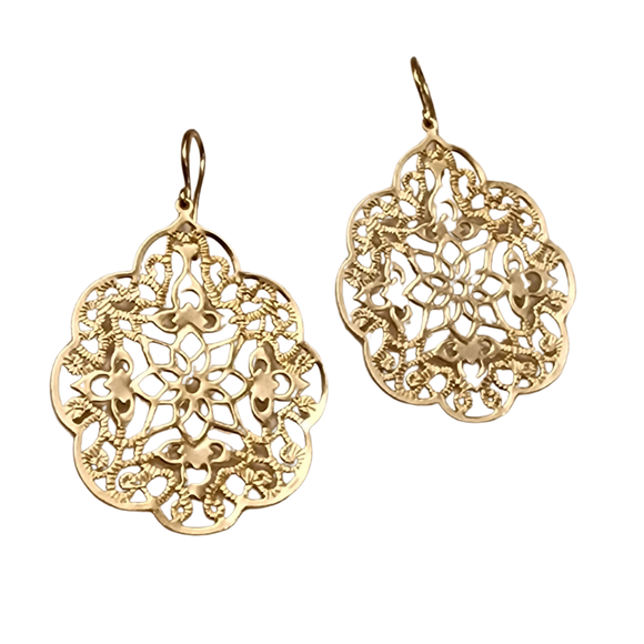 These are gorgeous filigree earrings in matte gold rhodium! The unique modern design has intricate details. Feminine, romantic and modern earrings that will soon become your favorite go-to accessories! 

The gold filigree drop measures approx 1.55