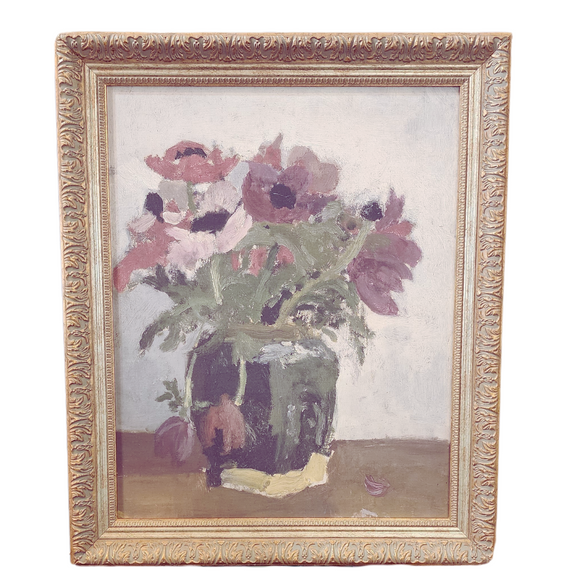 This gorgeous still life of mauve, plum and pink flowers in a vase will create a statement in your home! Printed on premium canvas fabric for a lasting, textured finish and has a handcrafted ornate frame that adds a classic charm.  Comes with a paper backing and hanging hardware for easy installation.

Made in the USA: Proudly crafted with quality and care. 

Care Instructions: Keep canvas dry to maintain its quality. If smudged or dirty, gently wipe with a dry, soft cloth.