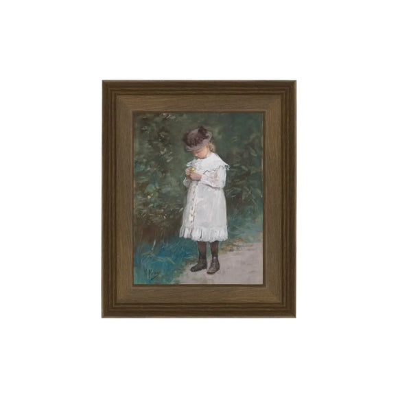 This sweet picture of a little girl looking down at the yellow flower in her hand. Printed on premium canvas fabric for a lasting, textured finish and has a handcrafted wooden frame that adds a classic charm.  Comes with a paper backing and hanging hardware for easy installation.

Made in the USA: Proudly crafted with quality and care. 

Care Instructions: Keep canvas dry to maintain its quality. If smudged or dirty, gently wipe with a dry, soft cloth.