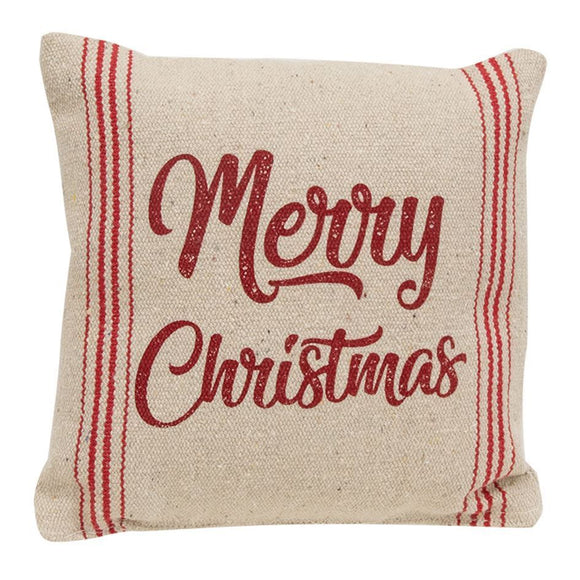 Welcome Christmas cheer with the Merry Christmas Red Striped Pillow. This off-white burlap-style pillow measures as a 10” square. It reads “Merry Christmas” in red cursive lettering. Four red stripes line each side of the text. This festive accessory pairs well with blankets, couches, and Christmas décor.