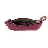Our most popular bag, in a beautiful mulberry, this mini clutch, with its sleek silhouette, is as gorgeous as it is versatile.&nbsp; Features include a polished turn lock, six card slots, and an interior zipper for change.&nbsp; It can be styled in many ways, with removable straps for alternating between wallet, crossbody, and wristlet!

&nbsp;5"H x 9.5"W x 1"D

Removable and adjustable crossbody strap 13"-24"

Wristlet strap 7" long

interior zippered pocket

brass plated hardware

100% vegan leather (poly
