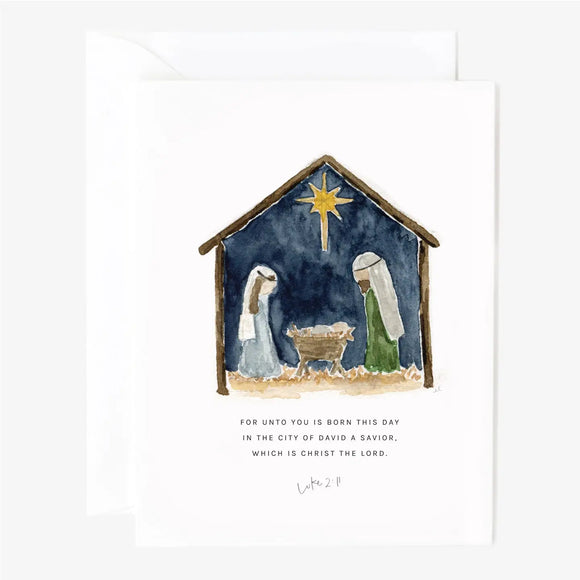 Send sweet greetings with the nativity notecard. These notecards are blank on the inside with a charming watercolor nativity scene illustration and Bible verse on the front.

Set of eight folded cards + envelopes - blank inside - 5.5