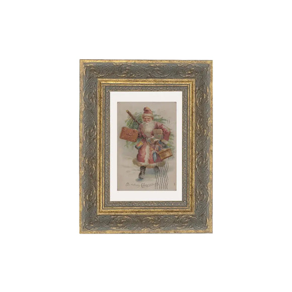 This neutral Santa artwork features Santa walking through the snow caring towys and a Christmas Tree. Along the bottom it says 