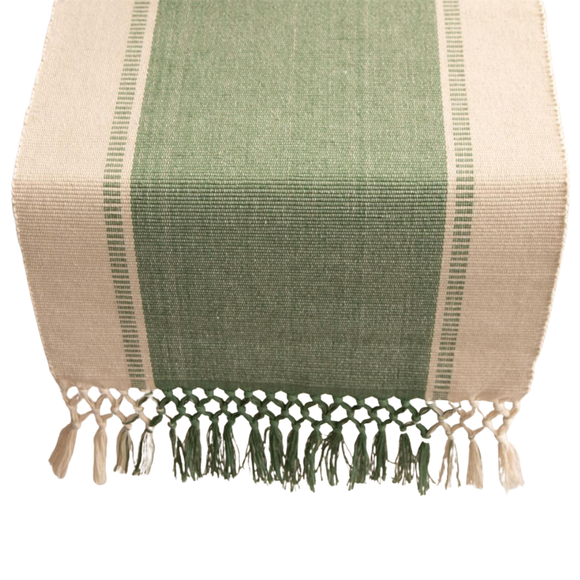 This beautiful cotton neutral runner with a green stripe down the center has a great texture for any tablescape! It mixes well with our quilted runners and placemats!

70