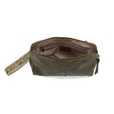 Retro styling crafted in antiqued vegan leather gives this beauitful olive colored clutch a vintage vibe. The removable woven wrist strap is the finishing touch on this stylish bag, so you can wear as a wristlet, a clutch, or even a crossbody with the included removable shoulder strap!





6.75"H x 9.75"W x 2.25"D

Removable and adjustable crossbody strap 22"-26"

Removable long wristlet strap 7.5" long

Zippered top closure

Interior zippered pocket

Exterior back zipper pocket

Brass plated hardware

100