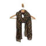 This scarf has gorgeous colors of olive, burgundy, gold and tans in a pretty floral pattern.

180" L x 85" W