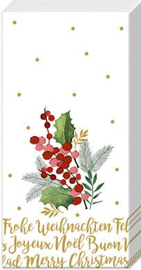These pocket tissues have a white background with gold polka dots and a sprig of boxwood, berries, and pine.  Below it says 