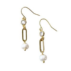 The perfect earring for any outfit!&nbsp; These real freshwater pearl earrings are dangling from a gold paper clip chain connector and topped with a bit of sparkle with a circular crystal gem.

1 1/2” long