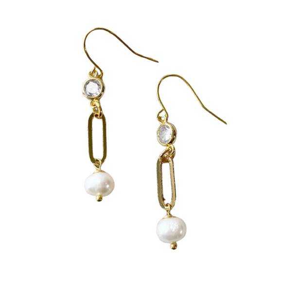 The perfect earring for any outfit!  These real freshwater pearl earrings are dangling from a gold paper clip chain connector and topped with a bit of sparkle with a circular crystal gem.

1 1/2” long