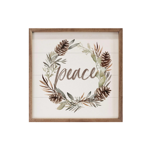 We love this little sign for the season! In neutral colors, it will go anywhere inside your home this winter! A pinecone wreath surrounds the word "peace" in a brown watercolor, cursive font.