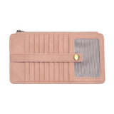 This slim and sleek wallet has nine credit card pockets, each with a snap tab for security and brass-plated hardware. It also has an ID window, zippered change pocket, and zippered billfold pocket in piggy pink skies vegan leather.


DIMENSIONS: 3.75 IN. H X 7.25 IN. W X .25 IN. D&nbsp;


100% Vegan leather (polyurethane)