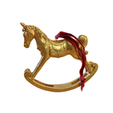 This beautiful gold rocking horse has a berry colored velvet ribbon that it hangs from. Hang it from your tree, or sit it in a beautiful display this holiday season!

approximately 4.5" W x 4" H x&nbsp; 1" D

Metal, Ribbon