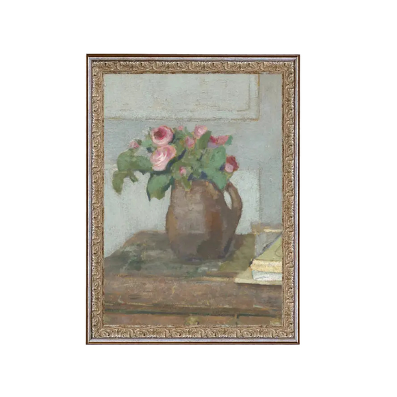 This pretty Rose Vase framed art is printed on premium canvas fabric for a lasting, textured finish. Measurement reflects the outside dimensions of the frame. The handcrafted ornate frame adds classic charm. It comes with a paper backing and hanging hardware for easy installation. The glass free design keeps the artwork lightweight and true to its original texture.

Made in the USA: Proudly crafted with quality and care. 

Care Instructions: Keep canvas dry to maintain its quality. If smudged or dirty,