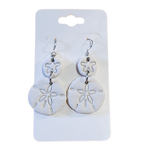 You will love these lightweight, trendy polymer clay earrings in a fun beachy, coastal style a small sand dollar attached to the top of a larger sand dollar in white. This pair of clay earrings is coated with a resin layer to give them a pretty shine and finished look! The earring hooks are comfortable and easy to wear and made of high-quality, strong/durable stainless steel, which is hypoallergenic and nickel-free. *&nbsp;

This versatile earring design would accompany any outfit, from casual to dressed up