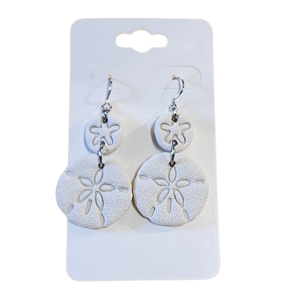 You will love these lightweight, trendy polymer clay earrings in a fun beachy, coastal style a small sand dollar attached to the top of a larger sand dollar in white. This pair of clay earrings is coated with a resin layer to give them a pretty shine and finished look! The earring hooks are comfortable and easy to wear and made of high-quality, strong/durable stainless steel, which is hypoallergenic and nickel-free. * 

This versatile earring design would accompany any outfit, from casual to dressed up