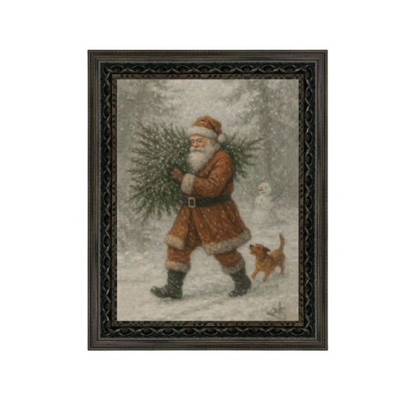 Santa is carrying a tree with a dog following him in this snowy artwork! It can be hung on the wall with other pictures or tucked into your displays or bookshelves. This artwork is printed on high-quality canvas and elegantly presented in a handcrafted ornate frame.

Made in the USA: Proudly crafted with quality and care. 

Care Instructions: Keep canvas dry to maintain its quality. If smudged or dirty, gently wipe with a dry, soft cloth.