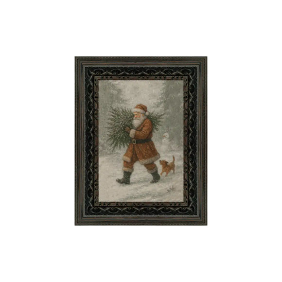 Santa is carrying a tree with a dog following him in this snowy artwork! It can be hung on the wall with other pictures or tucked into your displays or bookshelves. This artwork is printed on high-quality canvas and elegantly presented in a handcrafted ornate frame.

Made in the USA: Proudly crafted with quality and care. 

Care Instructions: Keep canvas dry to maintain its quality. If smudged or dirty, gently wipe with a dry, soft cloth.