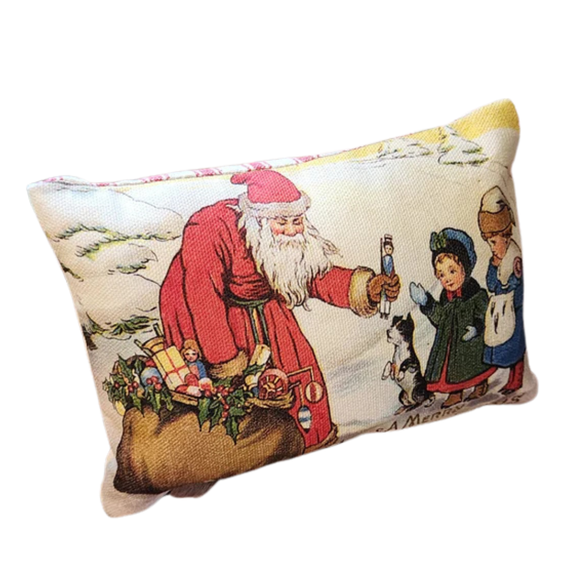 With scenes taken from vintage postcards, this Santa has his sack of toys and is giving toys to two children. Down below it says 